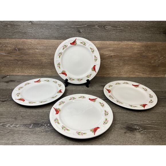 Gibson Winter Bird Holly Dinner Plates Christmas Holiday Cardinal~ Set Of 4 - Picture 1 of 9